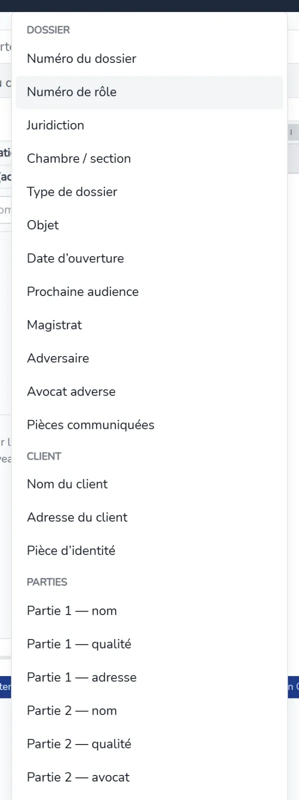 Champs liés à l'affaire : dossier, client, parties, cabinet et dates