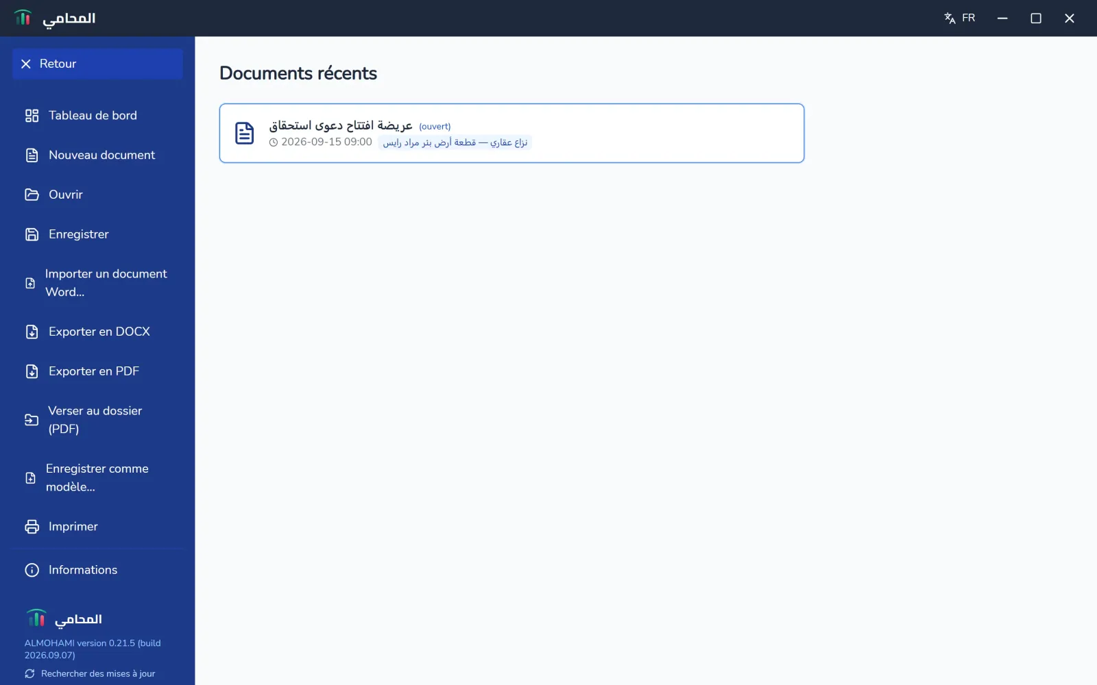 Menu Fichier : export Word et PDF, versement au dossier et impression