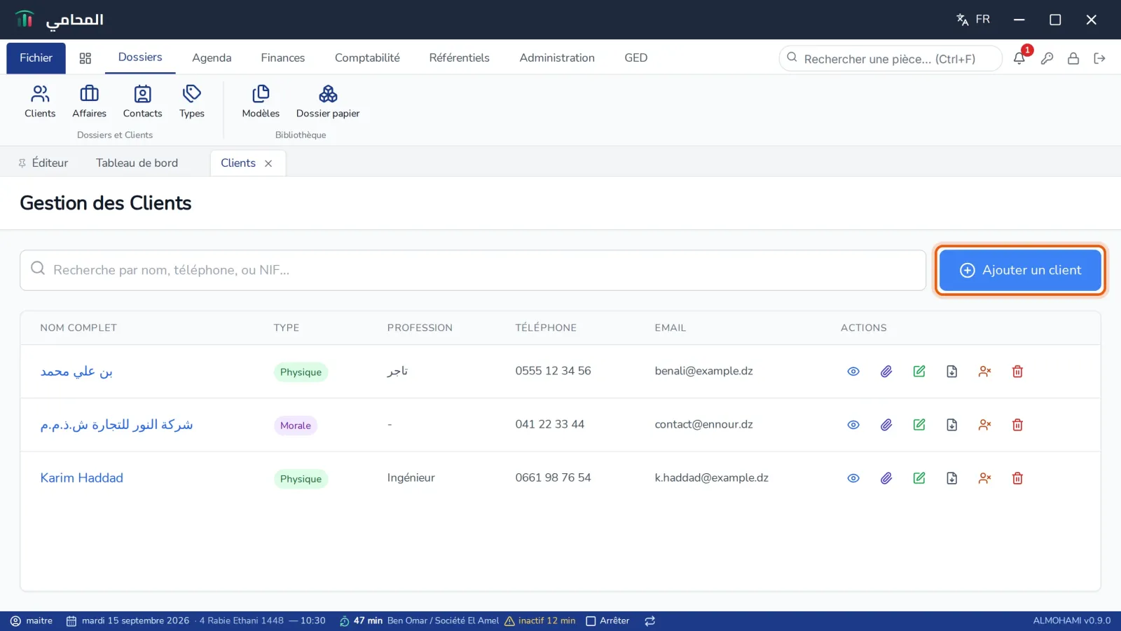 Écran Gestion des Clients : barre de recherche, bouton Ajouter un client encadré et liste des clients