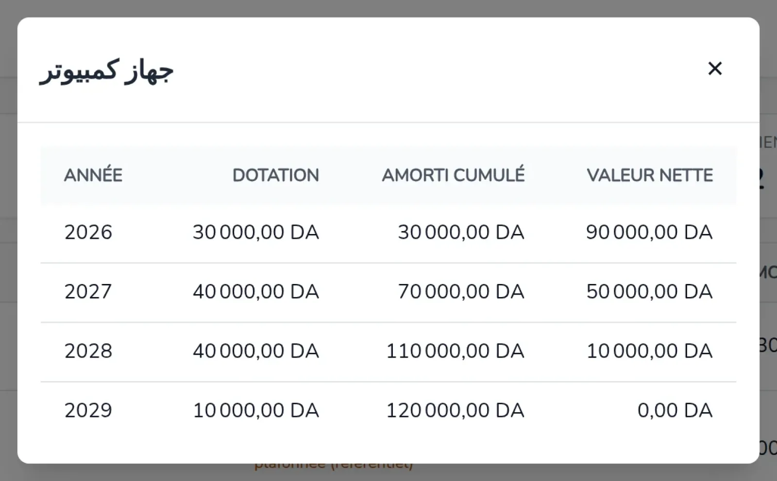 Plan d'amortissement d'un bien : année, dotation, amorti cumulé et valeur nette