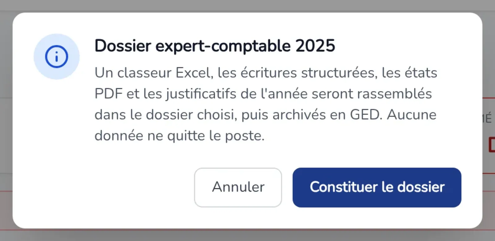 Confirmation Dossier expert-comptable : un classeur Excel, les écritures, les états PDF et les justificatifs seront rassemblés dans le dossier choisi