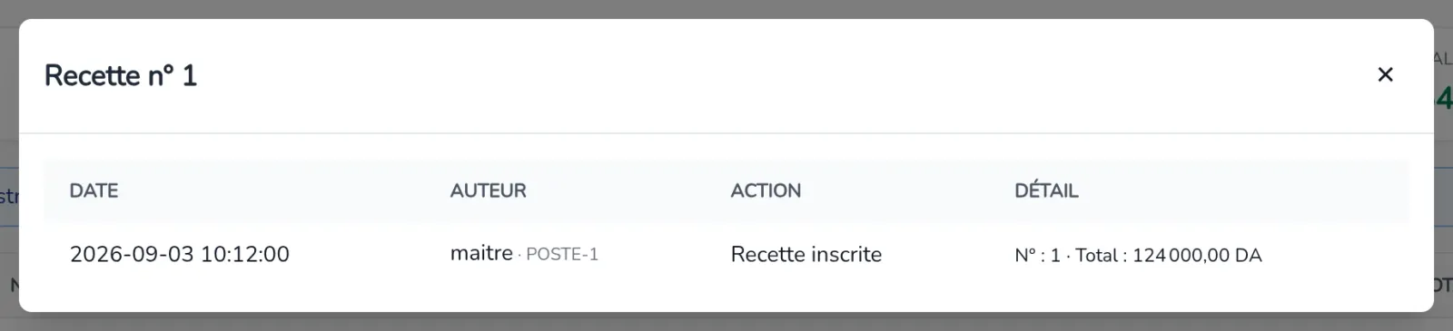 Fenêtre Journal de l'écriture : date, auteur et poste, action et détail