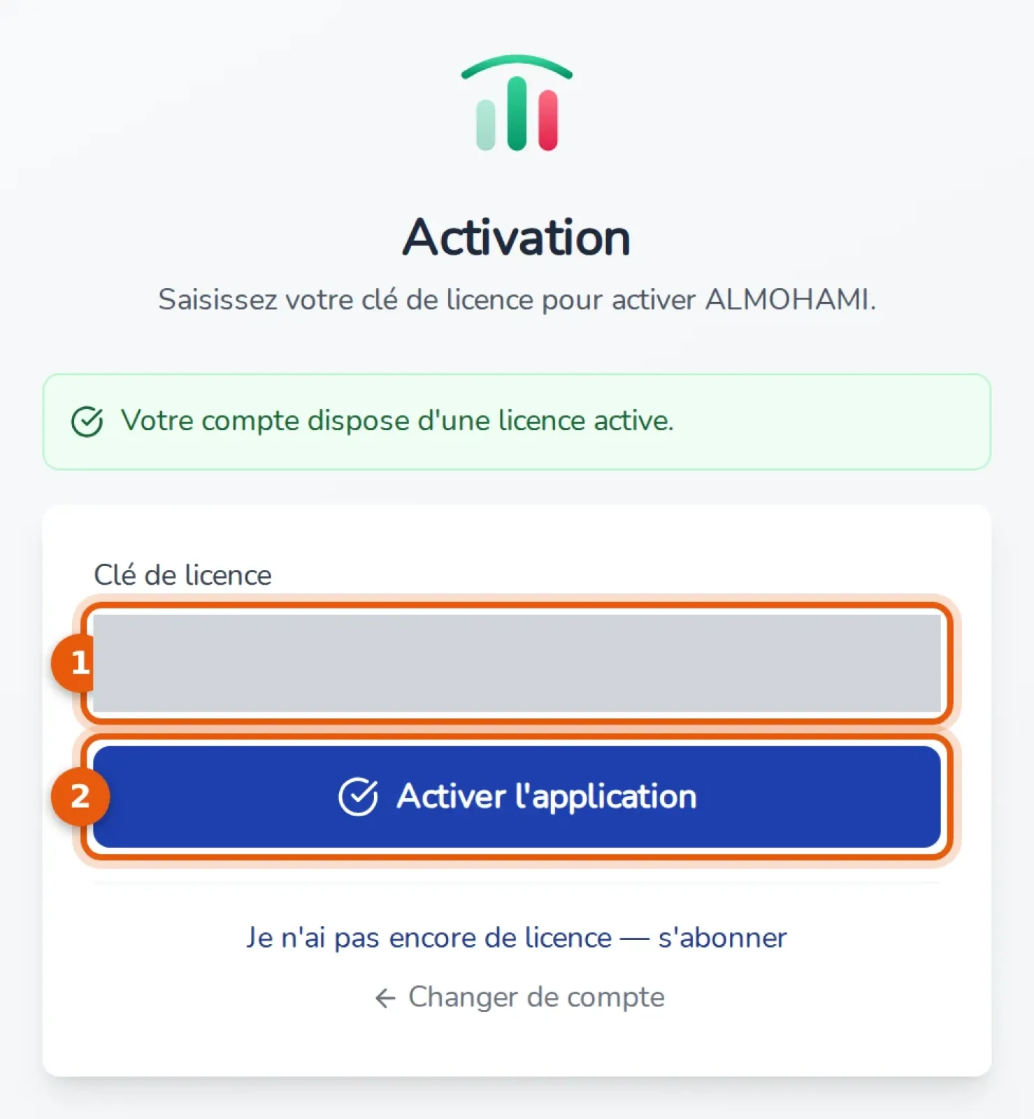 Saisie de la clé de licence