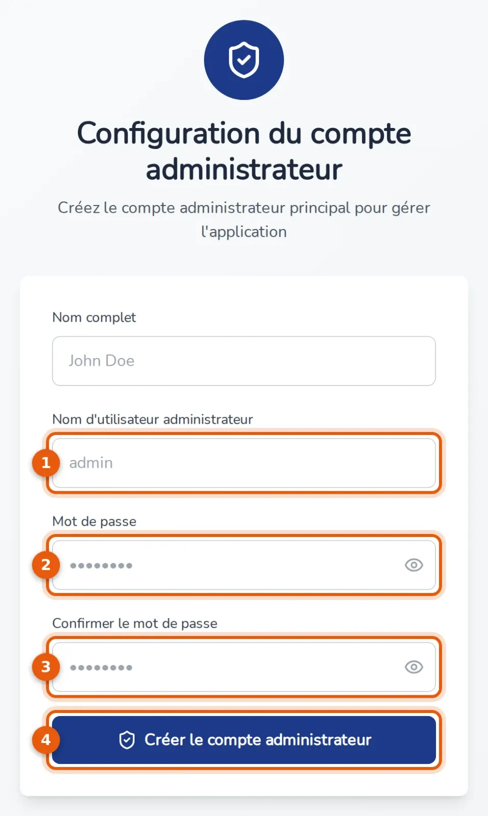 Écran Configuration du compte administrateur, champs numérotés de 1 à 4