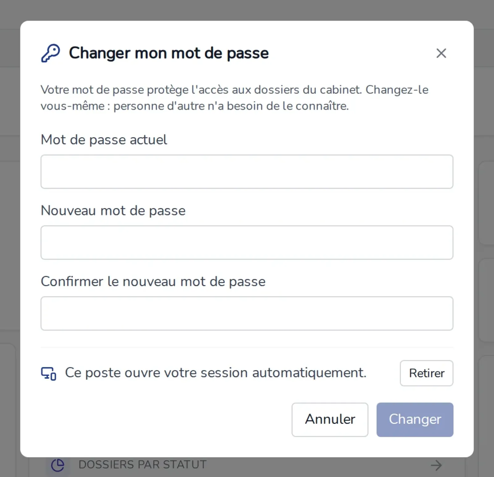 Fenêtre Changer mon mot de passe : mot de passe actuel, nouveau, confirmation