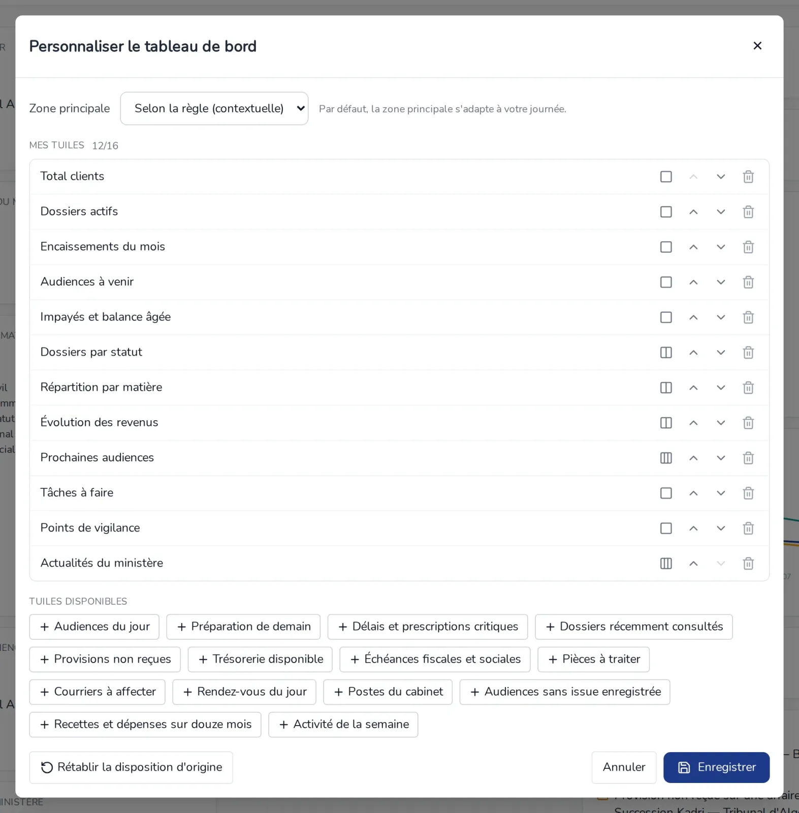 Fenêtre Personnaliser le tableau de bord : zone principale, mes tuiles, tuiles disponibles