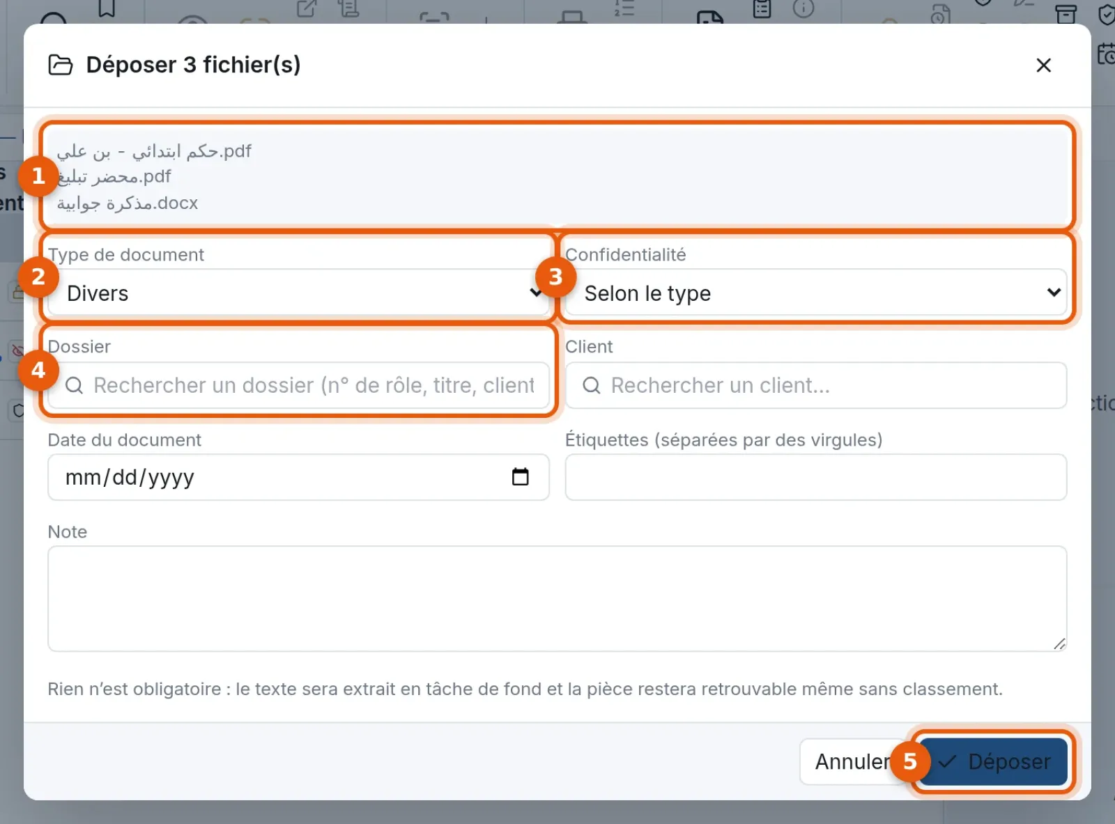 Fenêtre de dépôt de trois fichiers : liste des fichiers, type, confidentialité, dossier et bouton Déposer