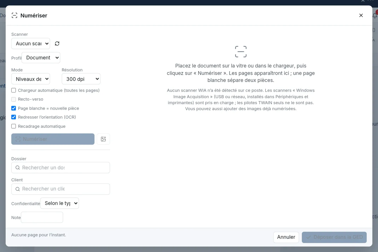 Fenêtre Numérisation : scanner, profil, mode, résolution et options