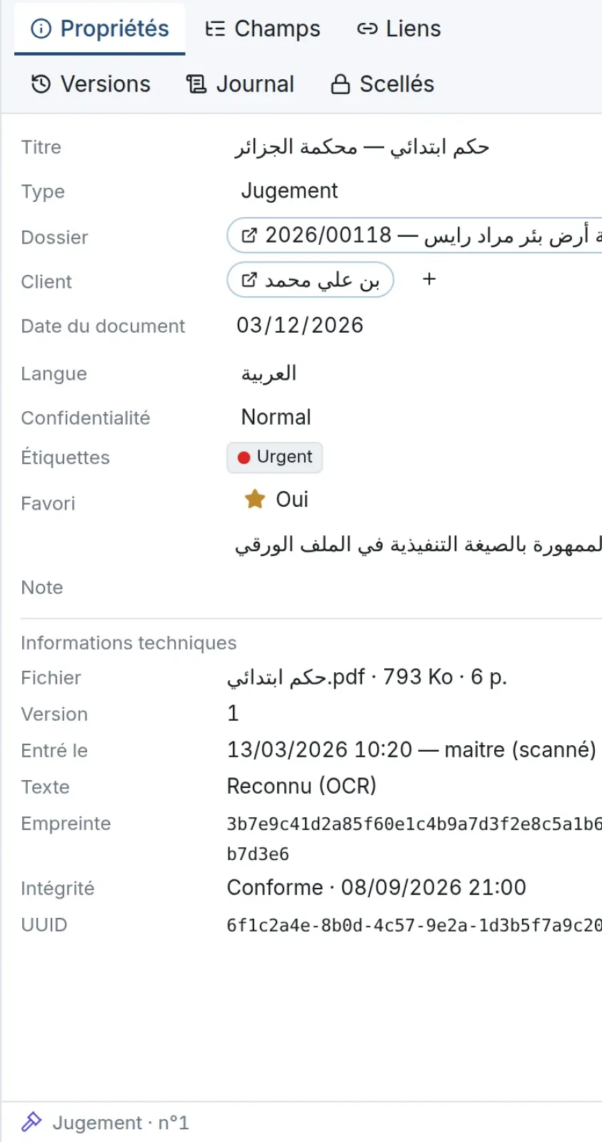 Volet Propriétés d'un jugement : titre, type, dossier, client, date, langue, confidentialité, étiquettes, favori, note et informations techniques
