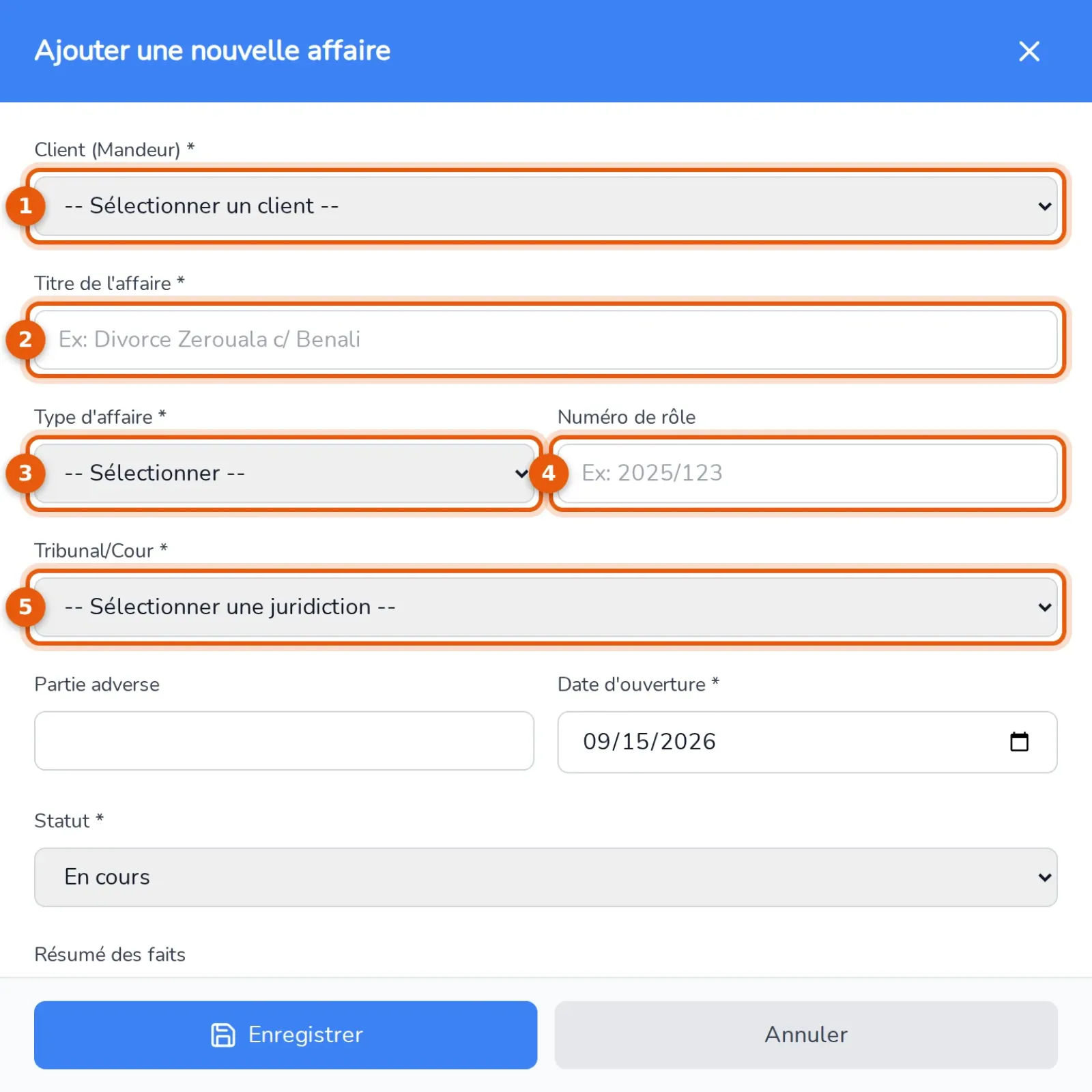 Panneau Ajouter une nouvelle affaire : client, titre, type, numéro de rôle et juridiction numérotés de 1 à 5