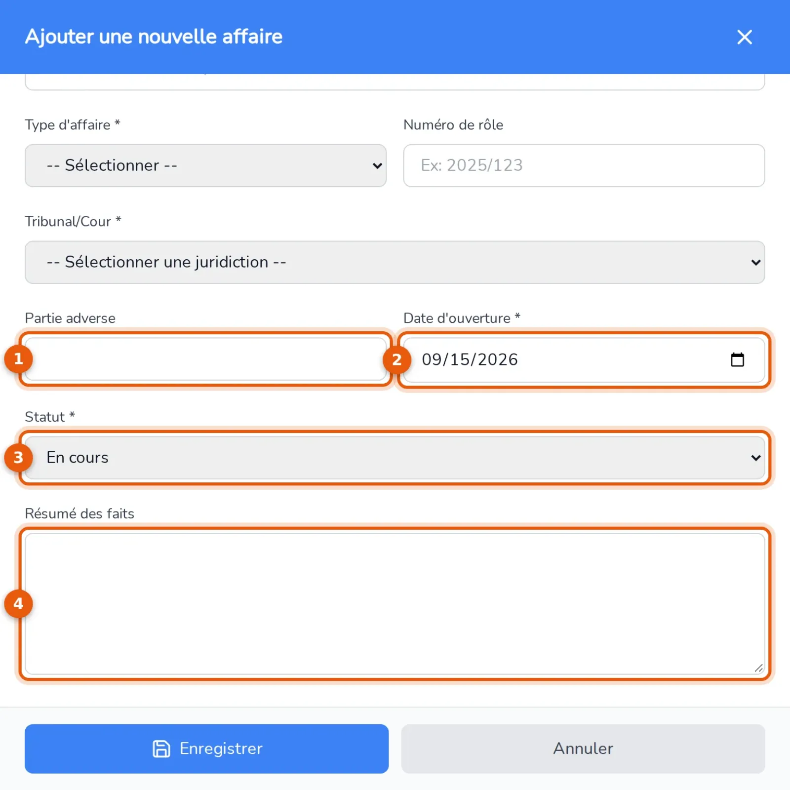Suite du panneau : partie adverse, date d'ouverture, statut et résumé des faits numérotés de 1 à 4