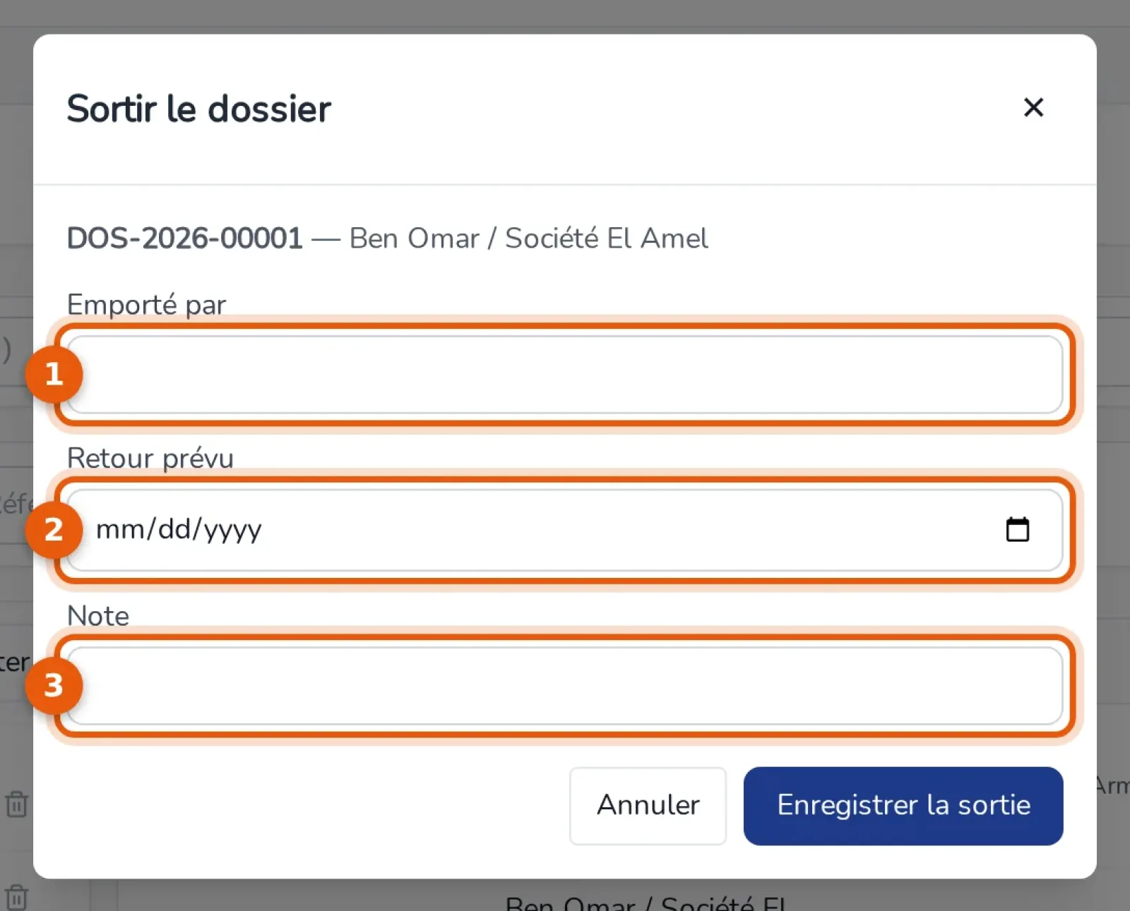 Fenêtre Sortir le dossier : champs Emporté par, Retour prévu et Note