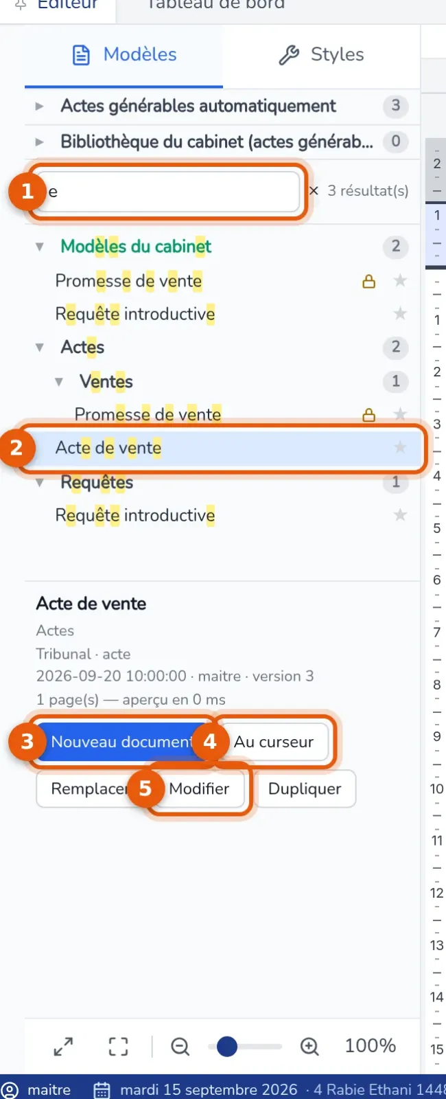 Volet Modèles : zone de recherche, modèle sélectionné, boutons Nouveau document, Au curseur et Modifier numérotés de 1 à 5