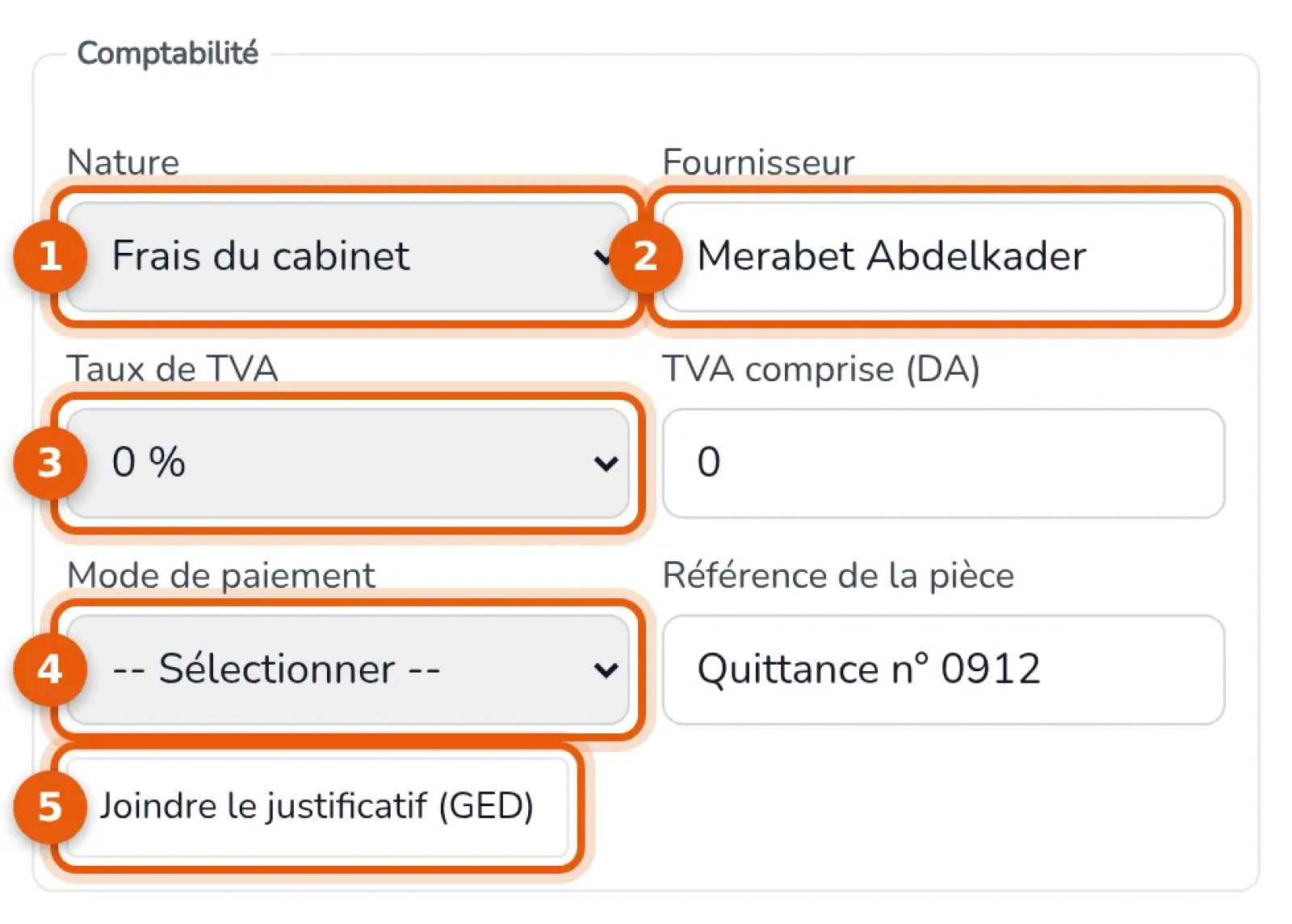 Cadre Comptabilité de la dépense, champs Nature, Fournisseur, Taux de TVA, Mode de paiement et bouton du justificatif numérotés de 1 à 5