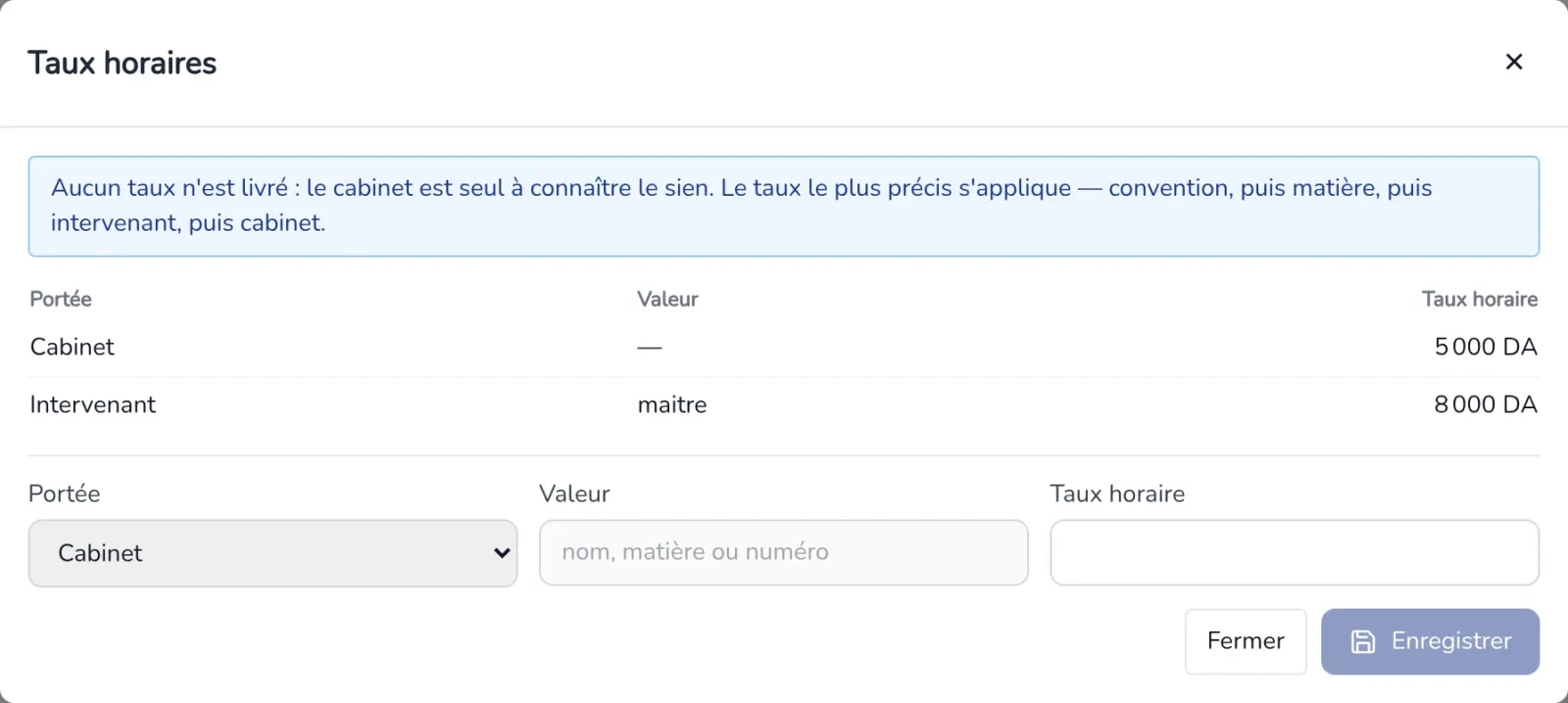 Fenêtre Taux horaires : taux enregistrés et formulaire Portée, Valeur, Taux horaire