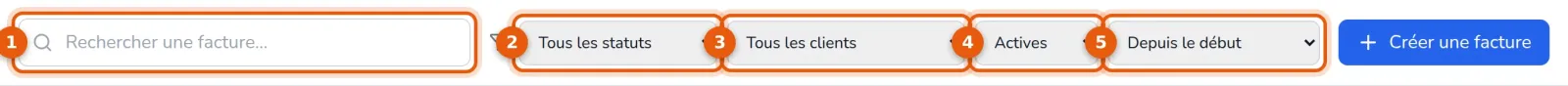 Barre de recherche et de filtres du registre des factures, numérotée de 1 à 5