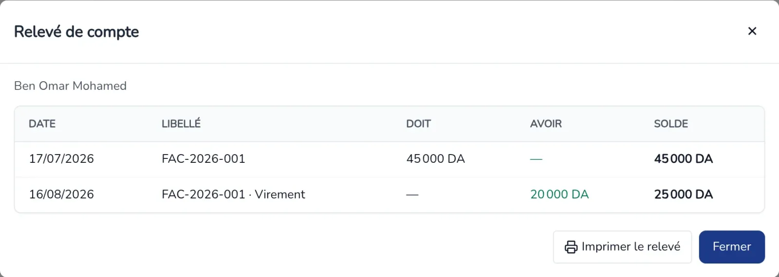 Relevé de compte d'un client : date, libellé, doit, avoir et solde