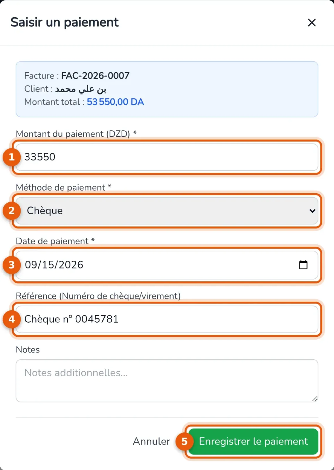 Fenêtre Saisir un paiement, champs numérotés de 1 à 5