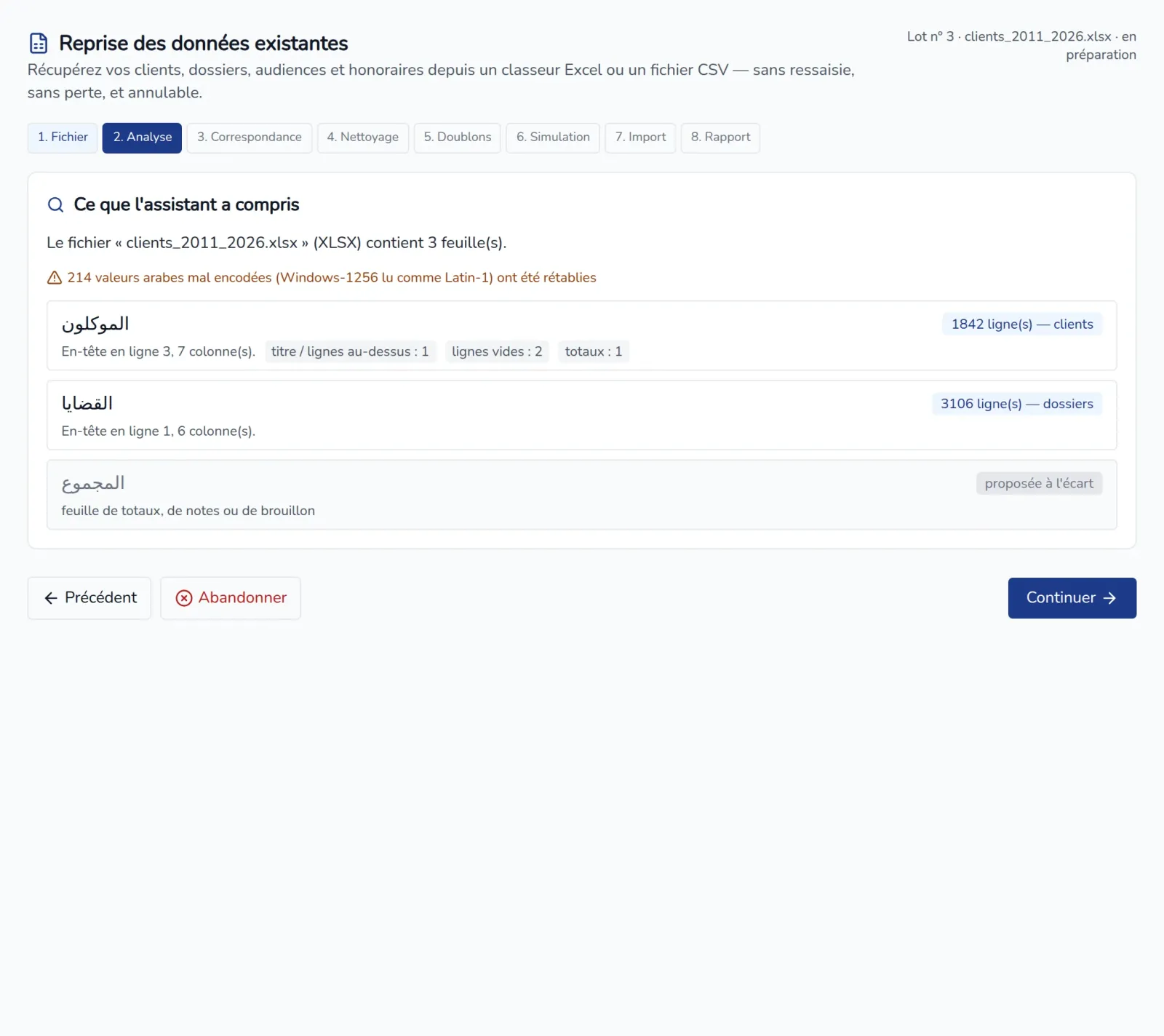 Étape Analyse : nom et format du fichier, nombre de feuilles, et pour chaque feuille le nombre de lignes et le type de données reconnu