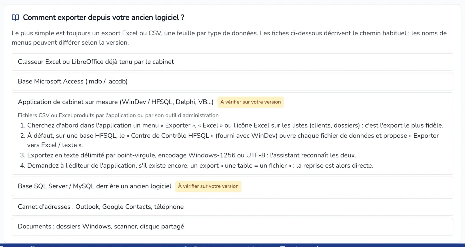 Fiches d'export dépliées sur l'application de cabinet sur mesure : résultat attendu et étapes à suivre