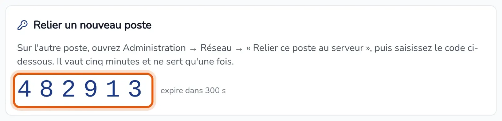 Bloc Relier un nouveau poste : code d'appairage à six chiffres et compte à rebours