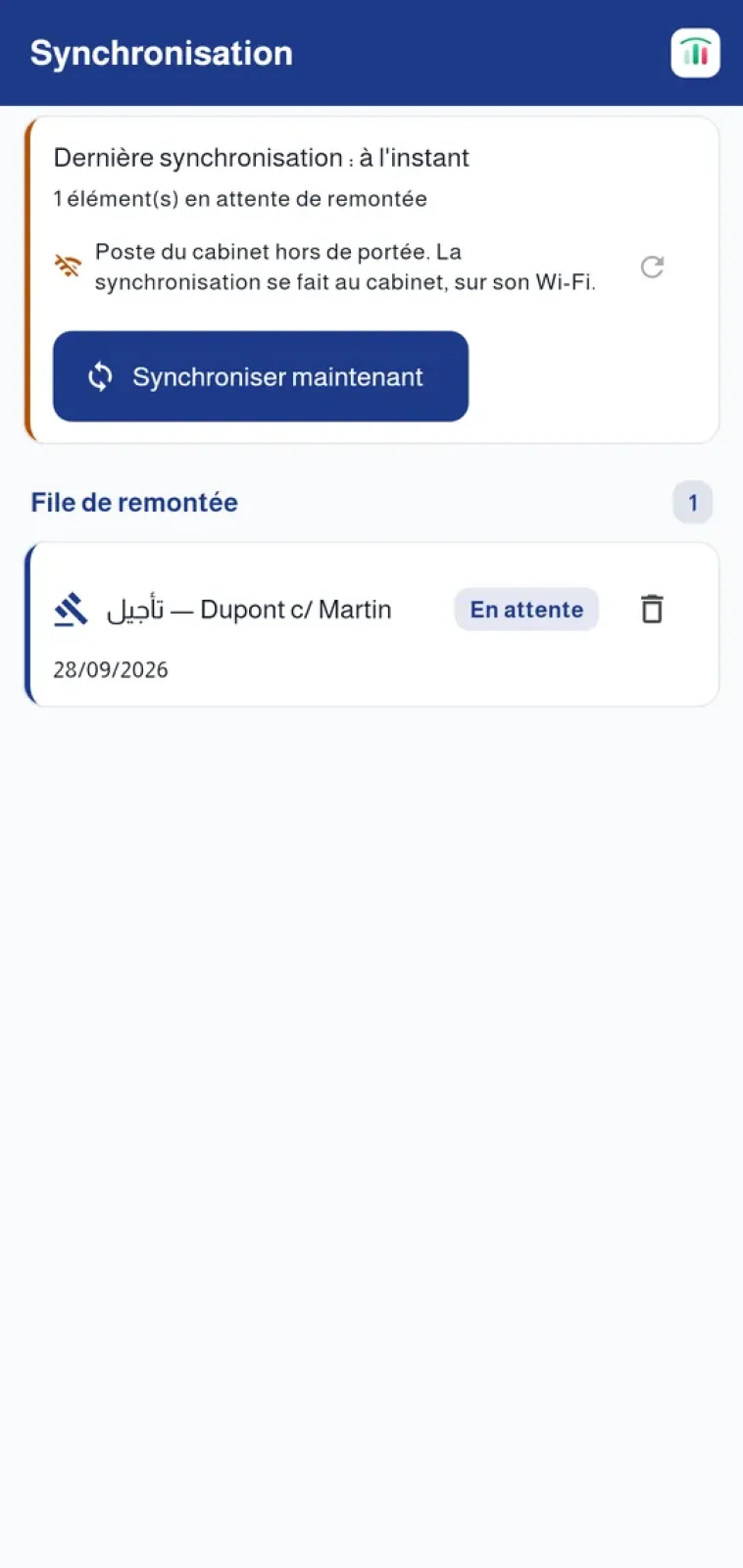 Synchronisation via le réseau du cabinet uniquement, avec la file de remontée