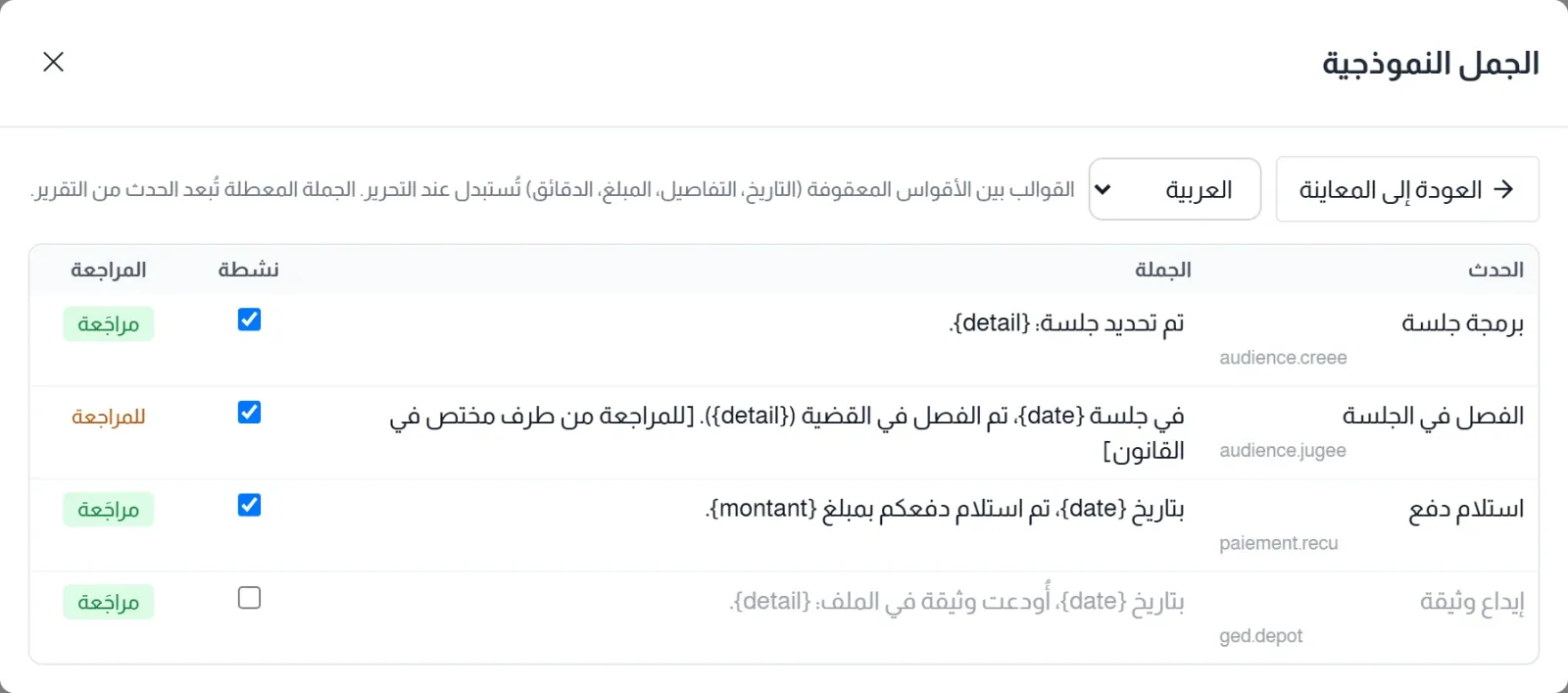 قائمة الجمل النموذجية: الأعمدة الحدث والجملة ونشطة والمراجعة