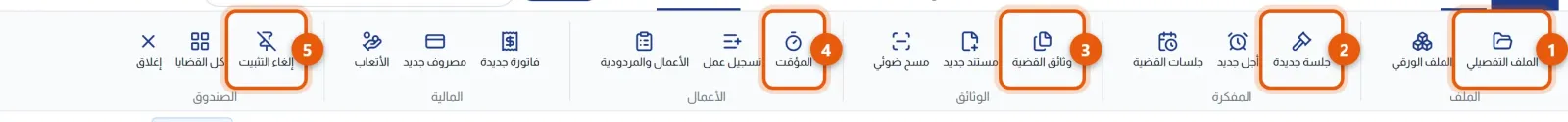 تبويب القضية في الشريط العلوي: مجموعات الملف والمفكرة والوثائق والأعمال والمالية والصندوق، وخمسة أزرار مرقّمة