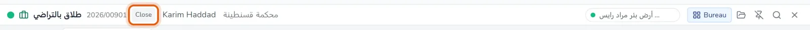 Barre de l'affaire dont l'intitulé est suivi du badge Close, encadré